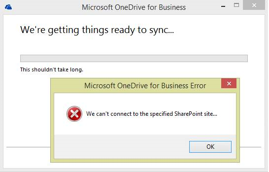 Screenshot of the OneDrive for Business sync error message dialog box.
