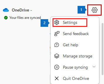 Screenshot of the OneDrive window in which the settings icon and settings are highlighted.