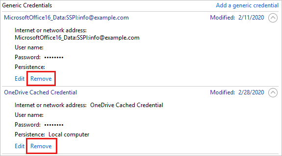 Screenshot of the Generic Credentials pane in which the Remove button is highlighted for credentials.