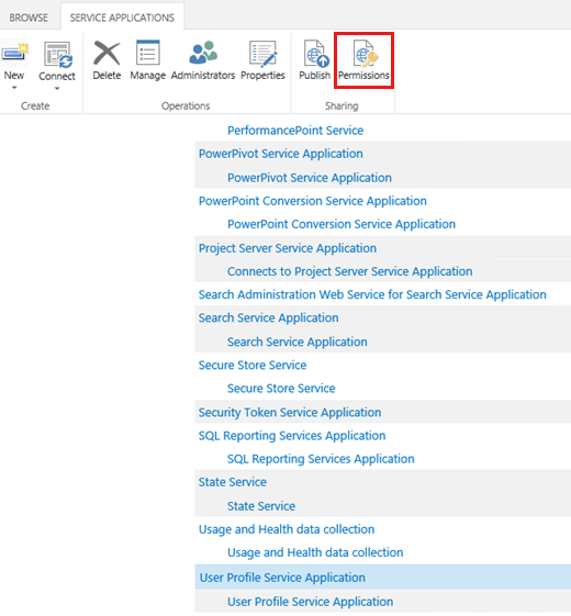Screenshot to select the Permissions option under the Service Applications tab.