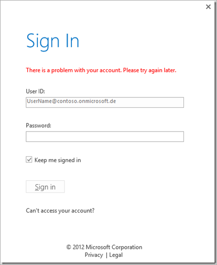 Screenshot of the error after type the password.