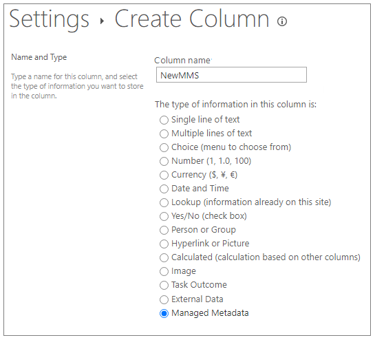Screenshot of the Create Column page that changes the column type to Managed Metadata.