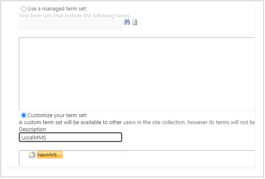 Screenshot of Term Set settings, choosing Customize your term set to provide description if you would like.