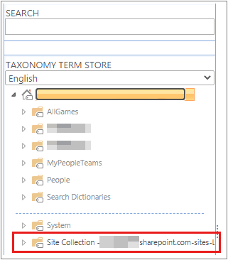 Screenshot of the Taxonomy Term Store in Site settings, with new local term store at the site collection level.