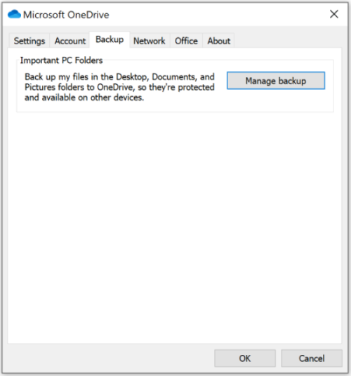 Screenshot of the Manage backup option in OneDrive Backup tab.