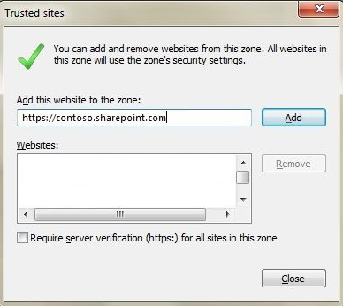 Screenshot of Trusted sites window. You can add and remove websites from this zone.