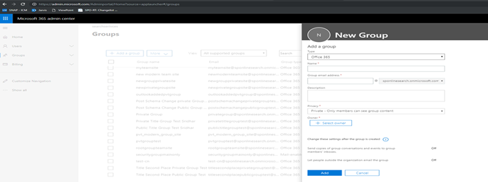 Screenshot of the New Group form in Microsoft 365 admin center.