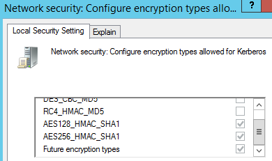 Screenshot of encryption types allowed for Kerberos.