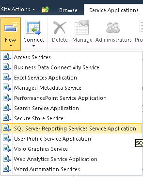 Screenshot of selecting SQL Server Reporting Services Service Application.