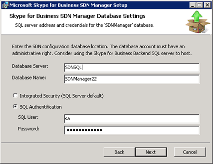 SDN Manager DB settings