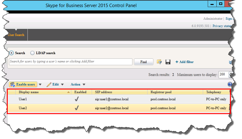 Users added to Skype for Business Server Control Panel.