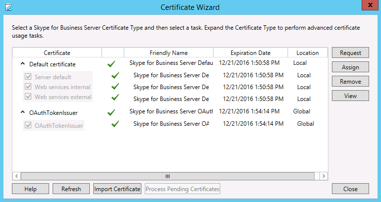 Certificates installed and assigned correctly.