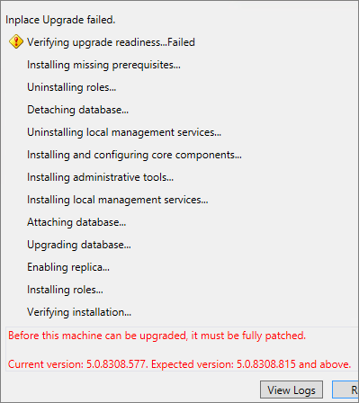 Screen shot that shows in-place upgrade failing because a required cumulative update isn't installed.