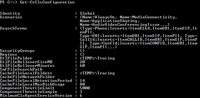 Sample output from Get-CsClsConfiguration.