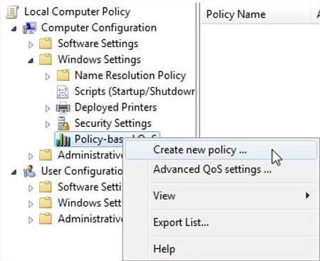 Screenshot that shows the Create new policy option selected after right-clicking Policy-based QoS.