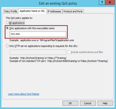 Screenshot that shows the option to edit the Application name or U R L in the Edit an existing Q o S policy window.