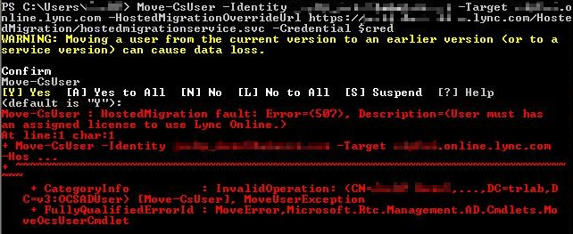 Screenshot that shows the error message after running the Move-CsUser cmdlet in Skype for Business Online PowerShell.