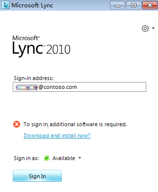 Screenshot that shows the Lync sign in page, including error message Download and install now? link.
