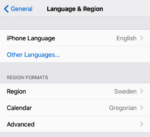 Screenshot that shows the Setting languages and region page for i O S system.