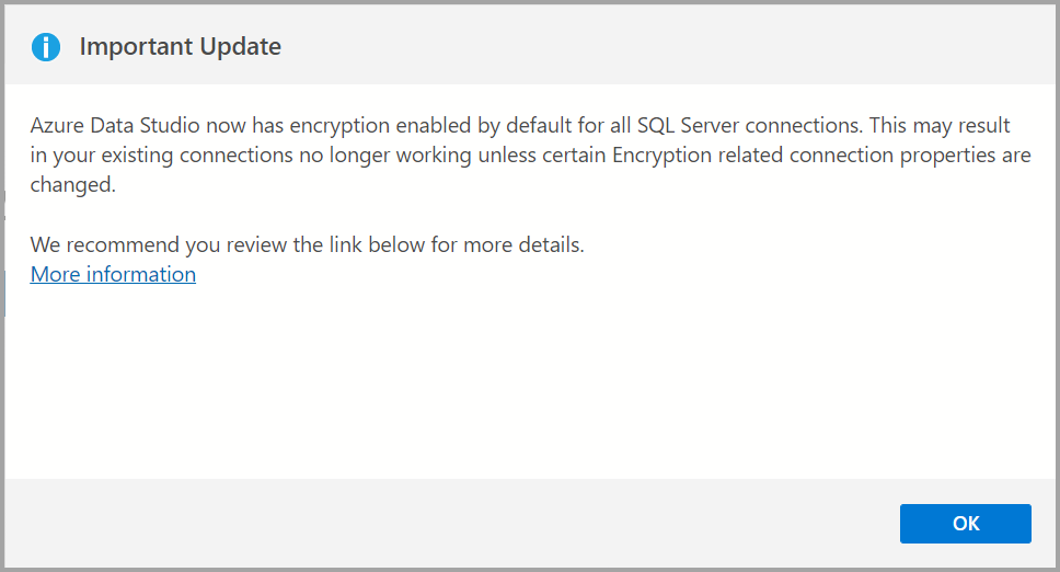 Screenshot of important update message after upgrading Azure Data Studio.