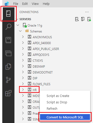 Oracle schema context menu