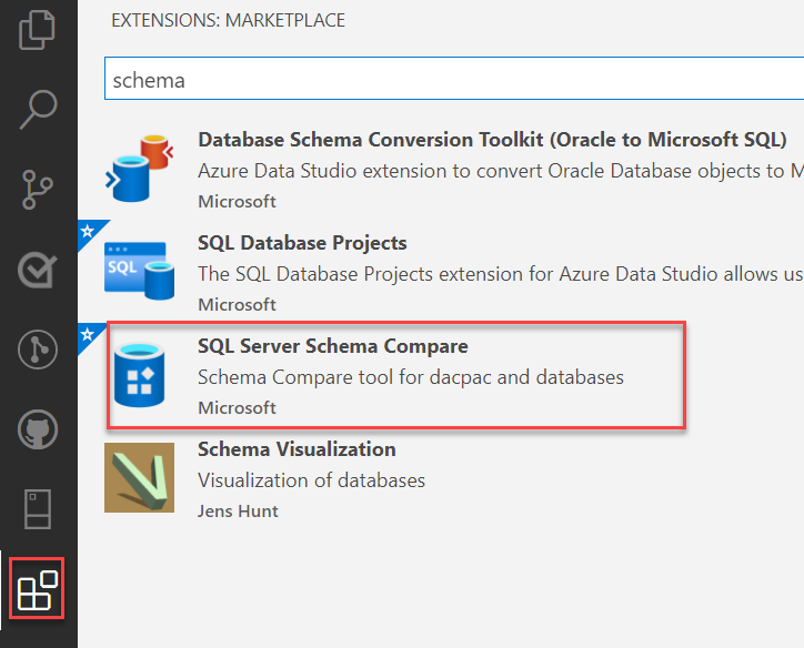 Screenshot of the Azure Data Studio GUI, marketplace search.
