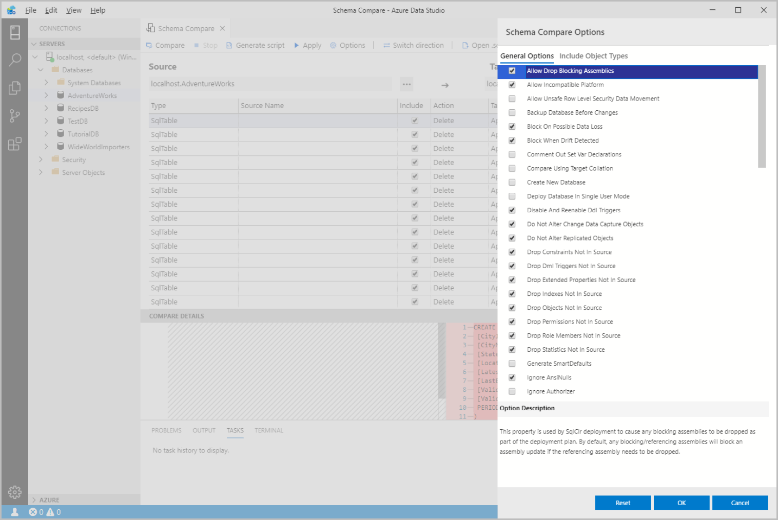 Screenshot of the Azure Data Studio G U I, compare schema extension.