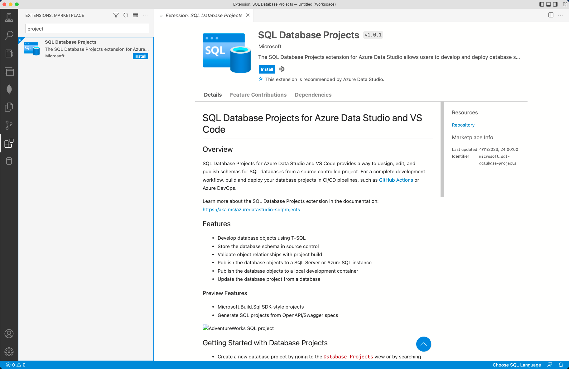 Screenshot of Azure Data Studio, Install extension.