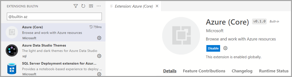 Screenshot of built-in Azure Core extension.