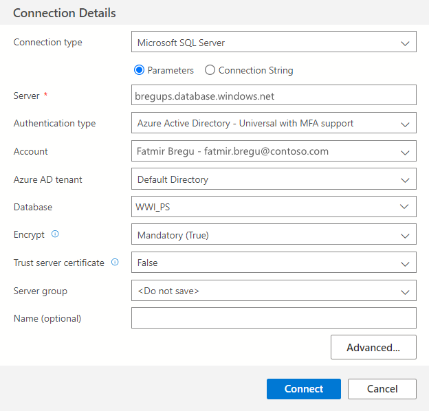 Screenshot of Configure Azure connection screen.