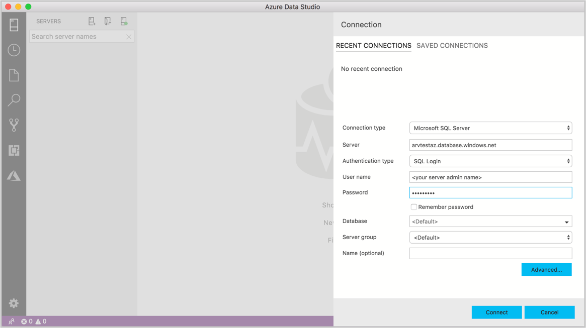 Screenshot of the Azure Data Studio - Connection page.