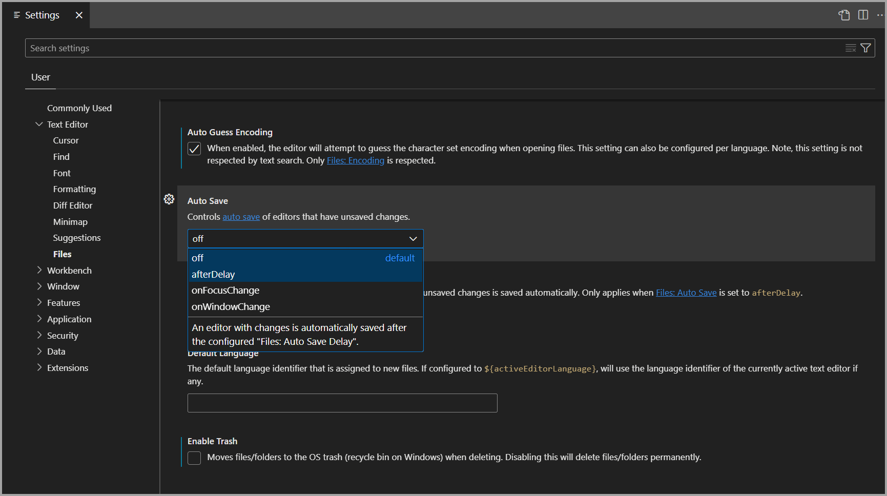 Screenshot of changed settings in the Settings editor in Azure Data Studio.