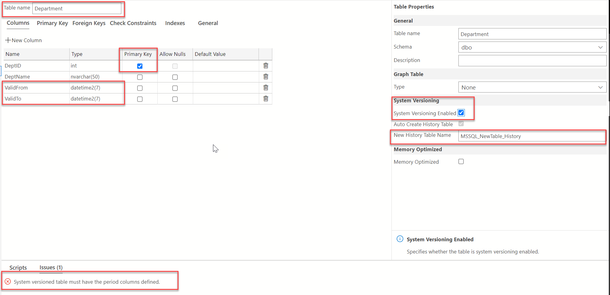 Screenshot of Table Designer showing how to create a system-versioned-table.