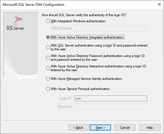 The DSN creation and editing screen with Azure Active Directory Integrated authentication selected.