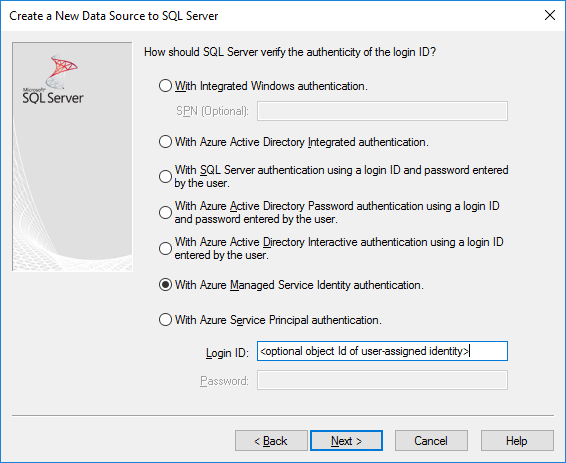 The DSN creation and editing screen with Managed Service Identity authentication selected.