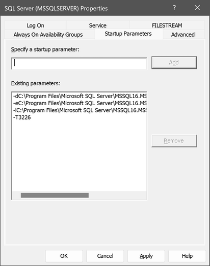 Screenshot of the SQL Server (MSSQLSERVER) Properties dialog, with the Startup Parameters tab selected.