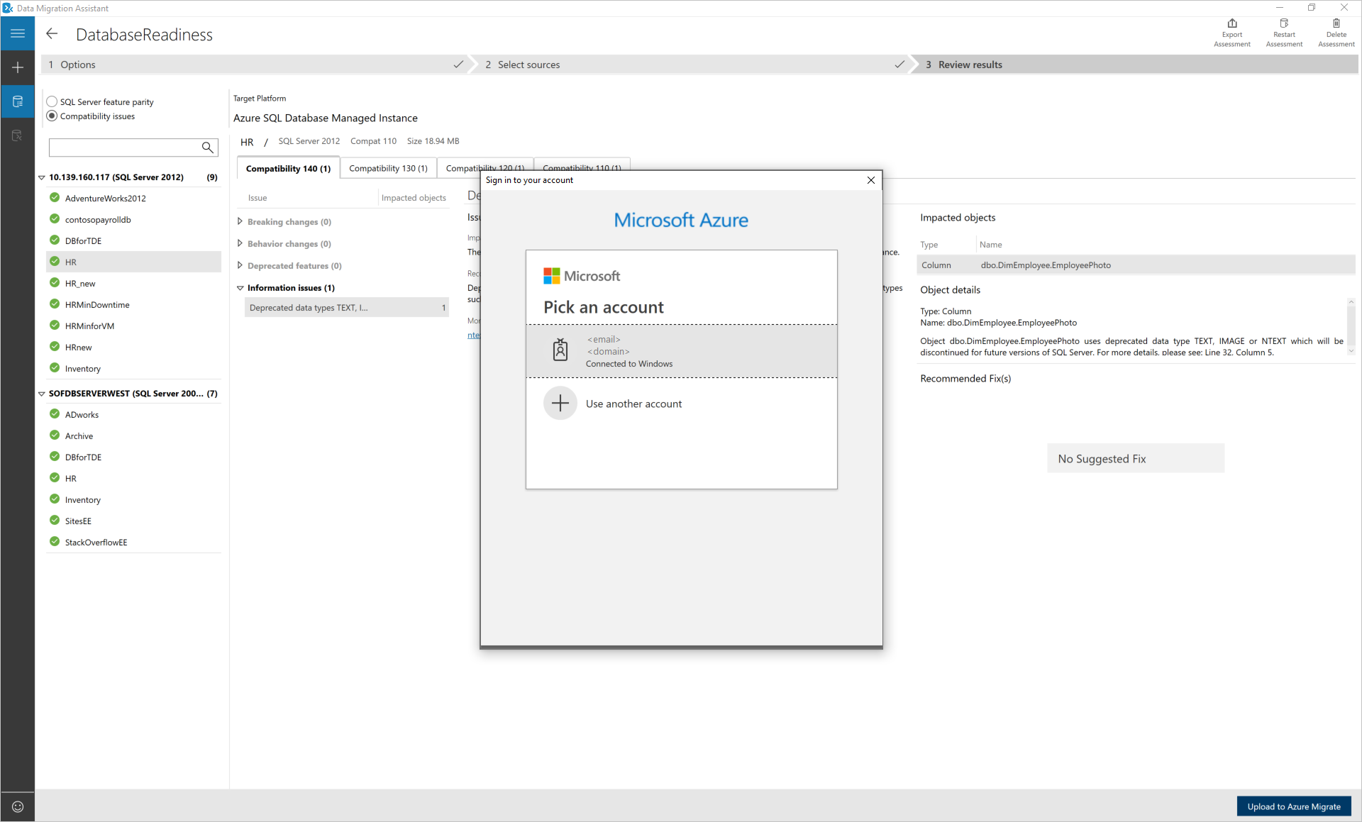 Screenshot of the Data Migration Assistant showing the Azure portal sign in window.