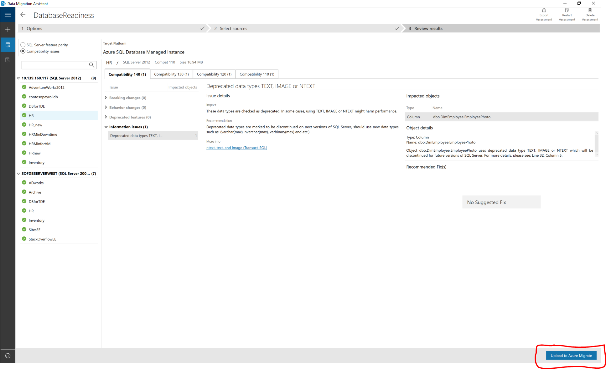 Screenshot showing the Data Migration Assistant with the Upload to Azure Migrate option called out.