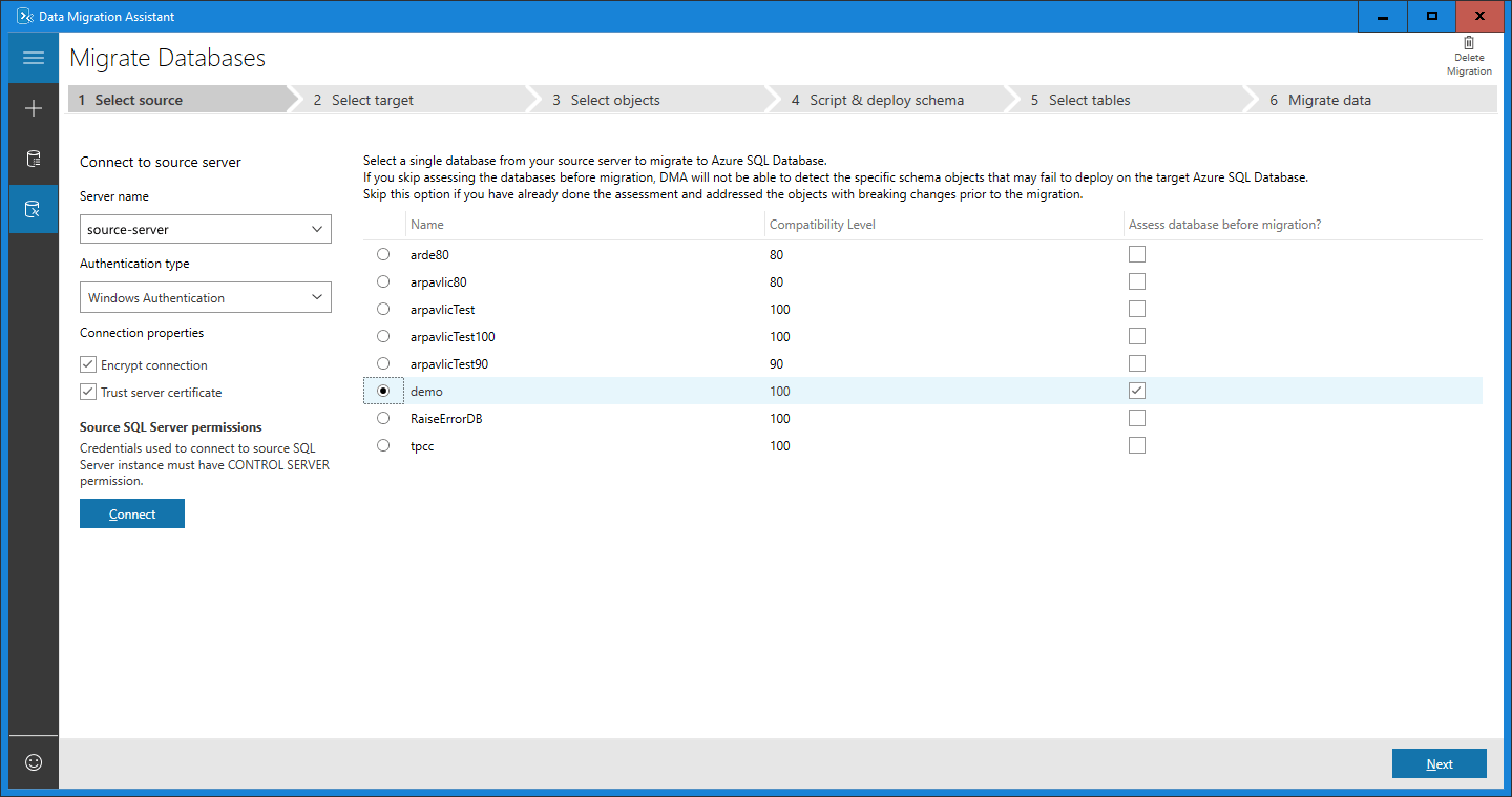 Select source database