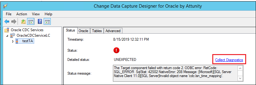 Screenshot showing the Status tab in the Oracle Change Data Capture management console with the Collect Diagnostics option called out.
