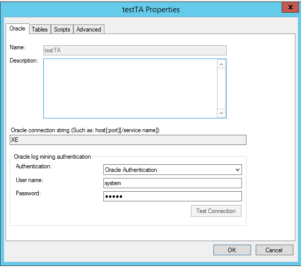 Screenshot showing the Oracle tab of the testTA Properties dialog box.