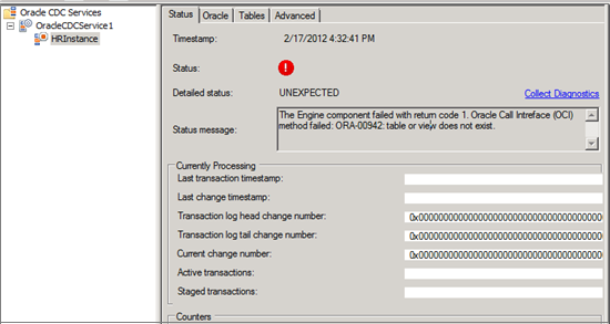 Screenshot showing the common error displayed in the Status message field of the CDC Instance.