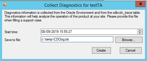 Screenshot of the Collect Diagnostics for testTA dialog box.