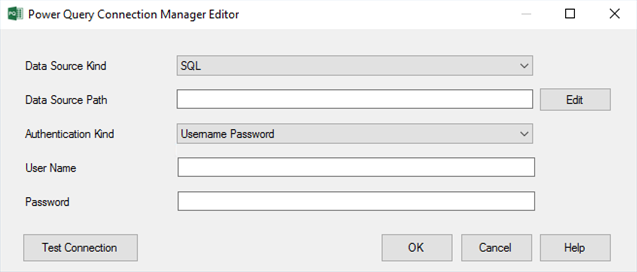 PQ Source Connection Manager Editor Authentication