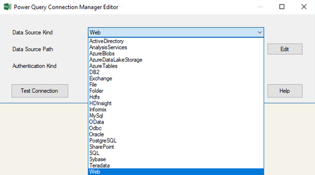 PQ Source Connection Manager Editor Kind