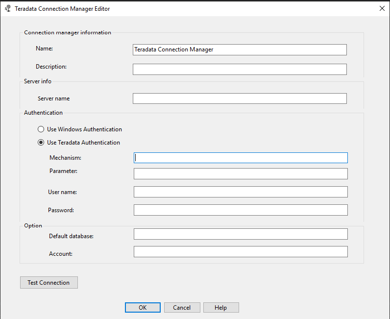 The Teradata Connection Manager Editor pane