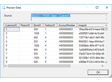 Preview data page of the Import and Export Wizard
