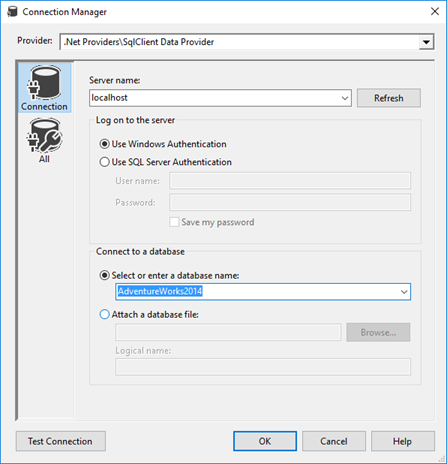 Screenshot of the Connection Manager dialog box. Controls are available for configuring a data connection.