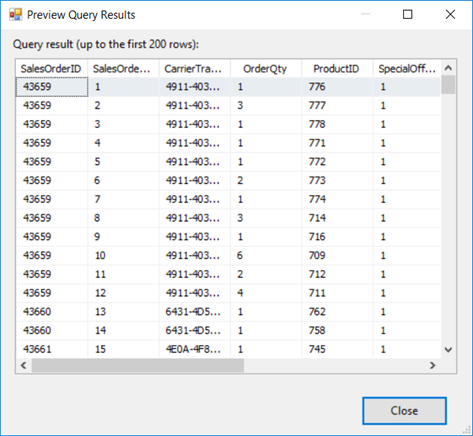 Screenshot of the Preview Query Results dialog box. Several rows of sales data from the source table are visible.