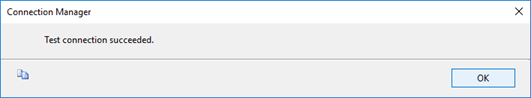 Screenshot of a dialog box displaying an OK button and text that indicates that the test connection succeeded.